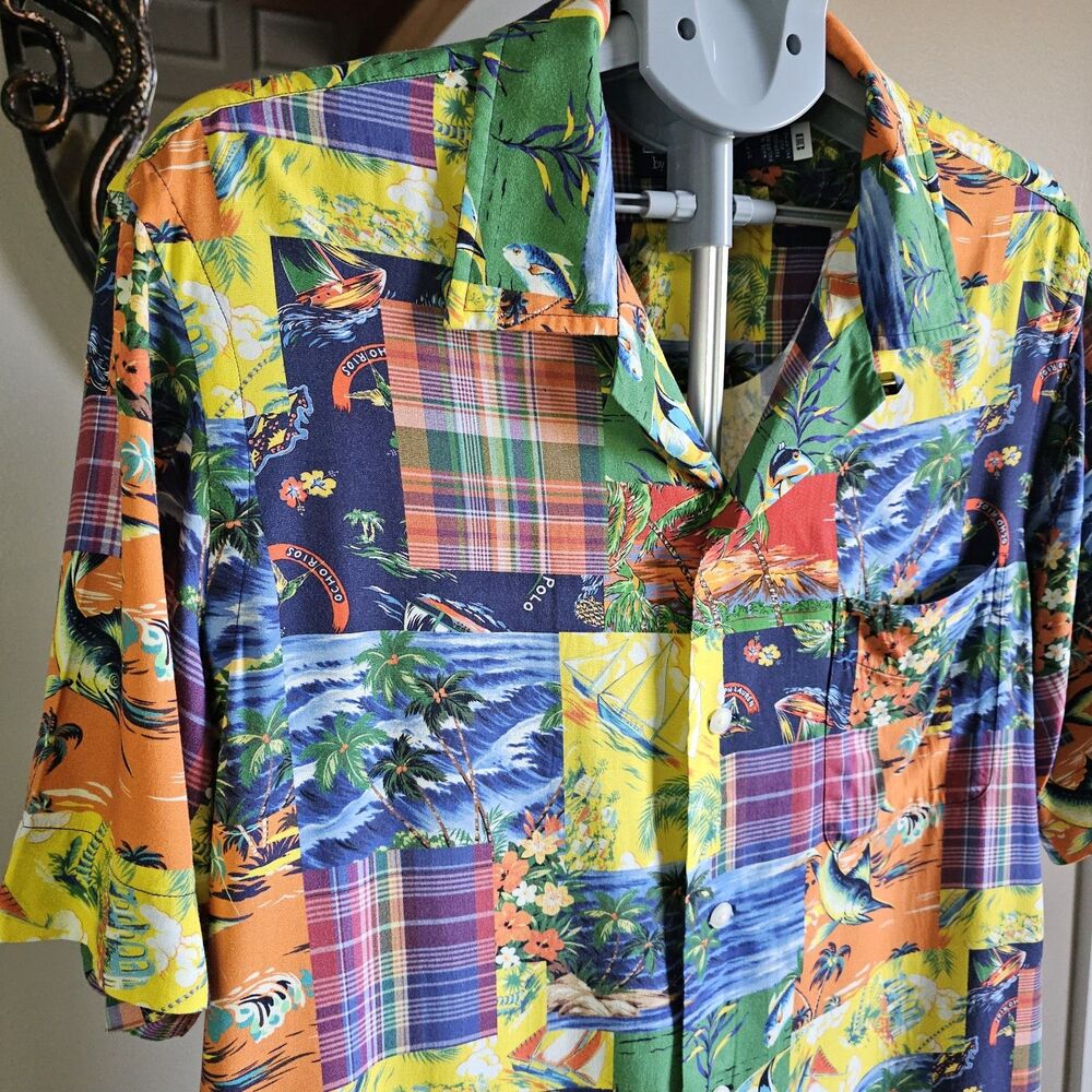 Polo Ralph Lauren Woven Camp Shirt Mens L Classic Fit Madras Hawaiian Patchwork